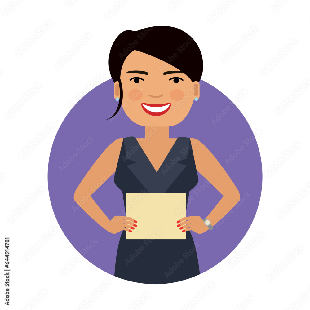 Young girl office worker vector. Woman holding envelope in her hands and smiling. Multicolored flat vector icon representing women activities and professions concept isolated on white background