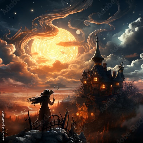 Witch on halloween night with beautiful sky background