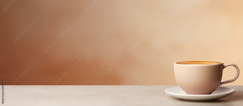 Fototapeta premium Place a cup of coffee on the table Take a cup of coffee Put coffee on table Grab coffee isolated pastel background Copy space
