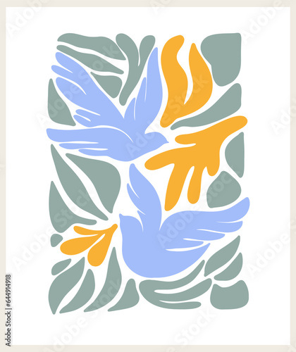 Abstract groovy posters dove of peace in beige tones. Modern trendy Minimal style. Hand drawn design for wallpaper, wall decor, print, postcard, cover, template, banner.