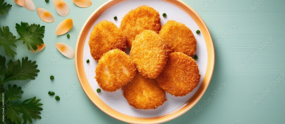 Focussed on homemade fried cutlets isolated pastel background Copy space