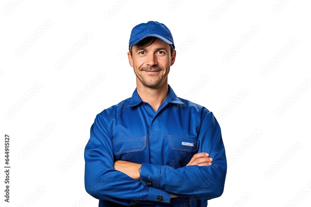 smiling young skillful worker labor technician man in blue work clothes with cap, png isolated on white transparent background