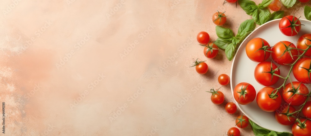 Rocket topped fresh tomatoes on a black plate isolated pastel background Copy space