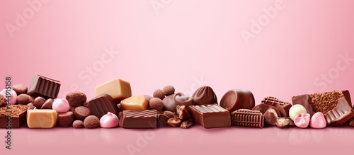 Chocolate candies and dentures on a isolated pastel background Copy space