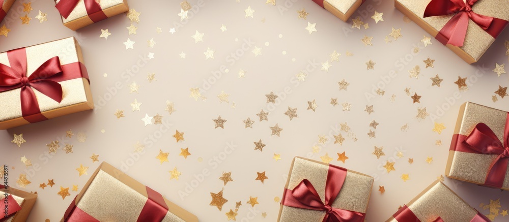 Many Christmas and New Years gifts wrapped in red and golden paper with shiny silk bows Top view close up background flat lay isolated pastel background Copy space Many Christmas and New Years gifts wrapped in red and golden paper with shiny silk bows Top view close up background flat lay isolated pastel background Copy space