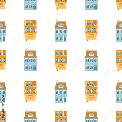 Endless background with cute vintage houses with windows and doors. Repeating print of sweet homes in Nordic Scandi style. Flat style vector illustration for fabric, wrapping, textile, wallpaper.