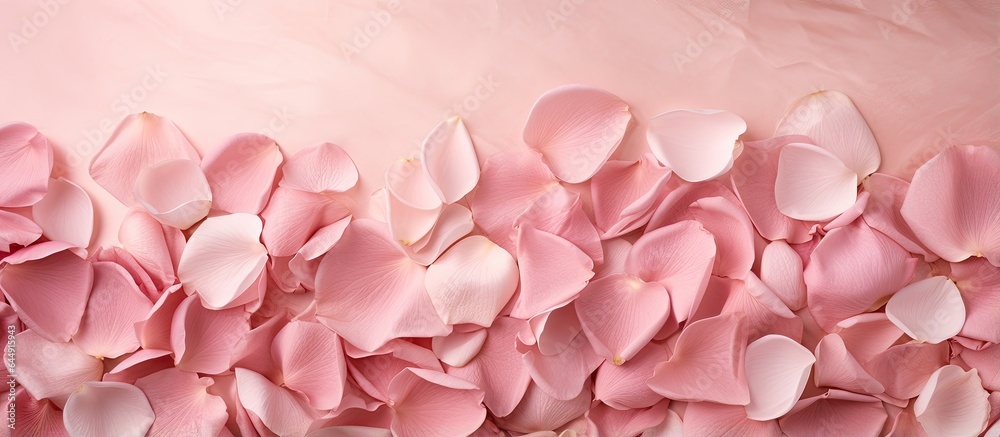 Fototapeta premium Dried rose petals in close proximity isolated pastel background Copy space