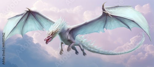 A white flying dragon rendered in 3D on isolated pastel background Copy space photo