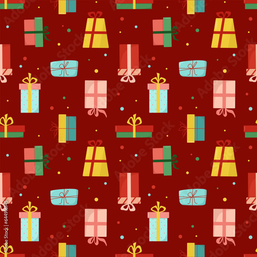 Seamless background with multicolored gift boxes with bows on a red background. Gift for Valentine's Day, Birthday, Christmas, New Year. Vector design for greeting cards, wrapping paper, fabric