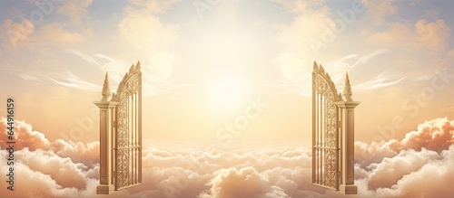 Fotografia A golden gate to heaven closed in isolated pastel background Copy space