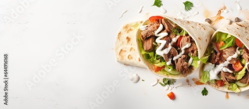 Fresh roll of grilled meat and salad wrapped in tortilla with white sauce isolated pastel background Copy space Image