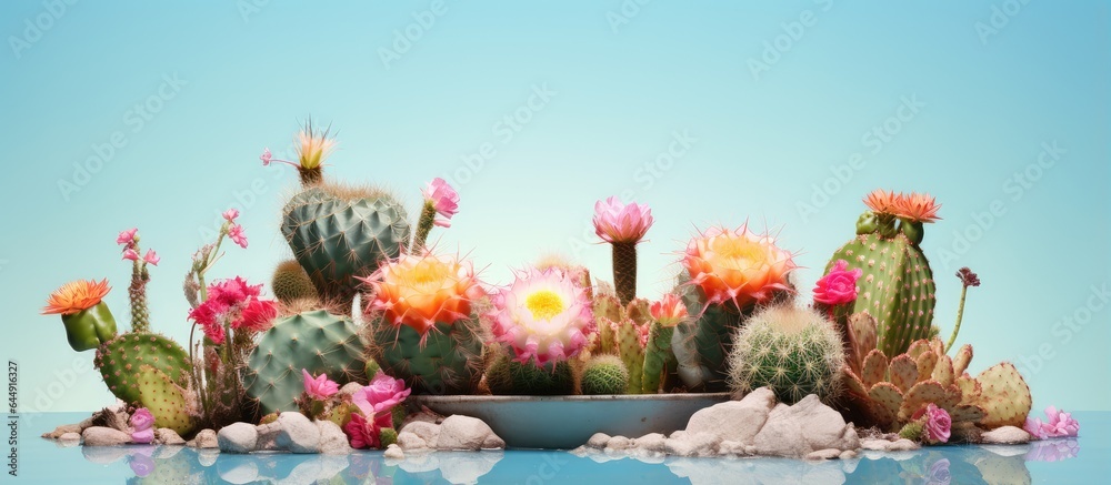 Cacti in a container isolated pastel background Copy space