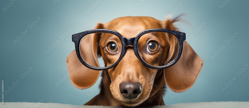Closeup of a dachshund wearing glasses with distorted eye focus isolated pastel background Copy space