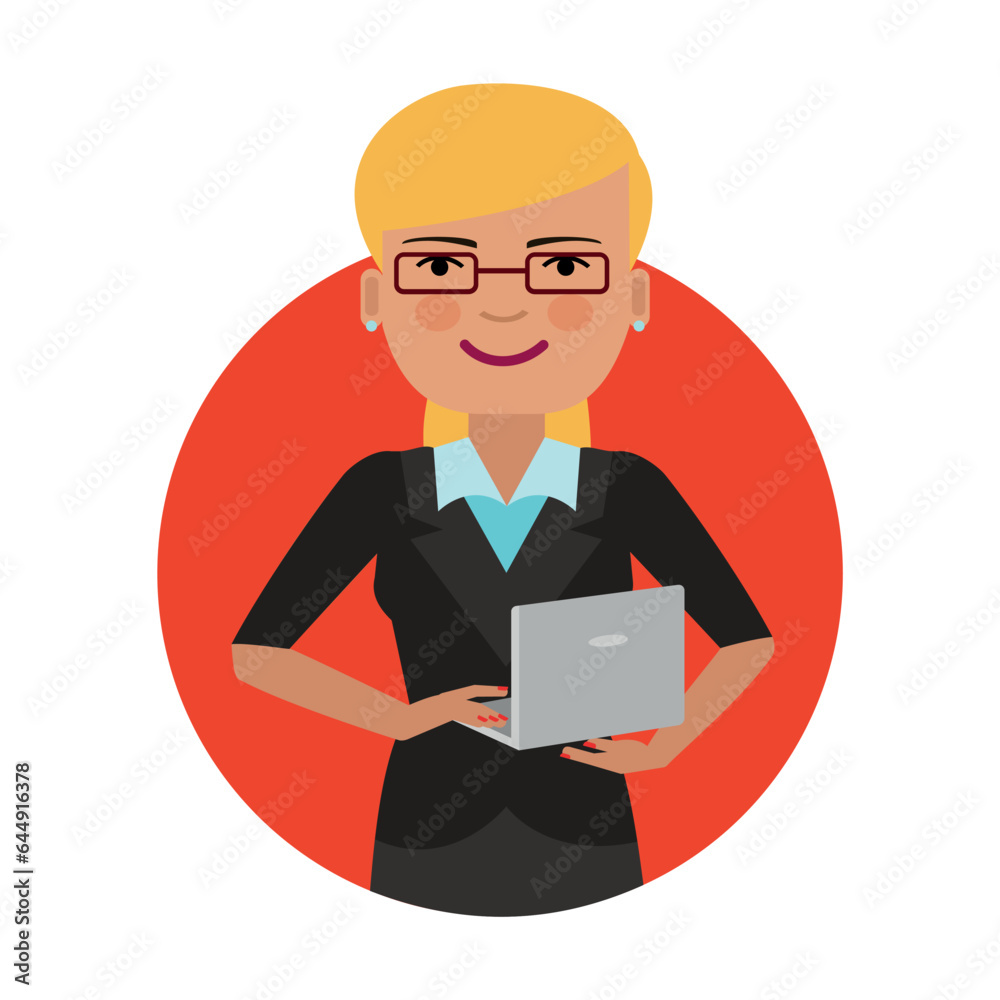 Woman head in business suit vector. Woman holding laptop in hand. Multicolored flat vector icon representing women activities and professions concept isolated on white background