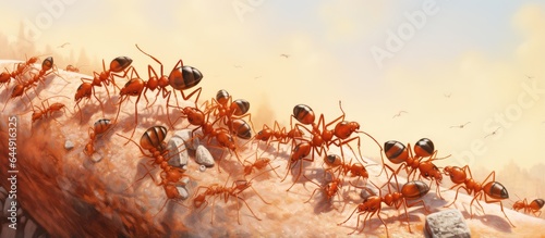 Red ants are consuming bugs isolated pastel background Copy space © HN Works