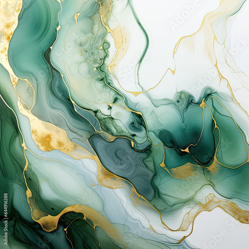 Abstract background ink fluid marble effect green white color with gold texture