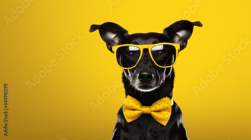 Portrait of dog wearing a bowtie and sunglasses. Pet posing against a yellow background © Chanelle/Peopleimages - AI