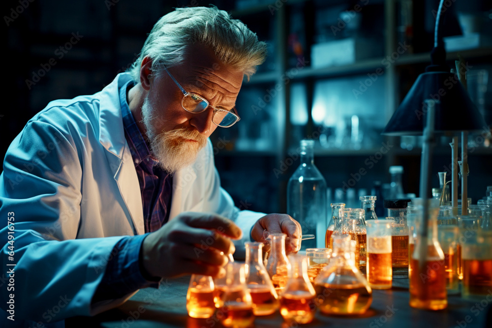 Elderly white-haired male biologist or scientist conducts medical research in a modern laboratory Elderly white-haired male biologist or scientist conducts medical research in a modern laboratory