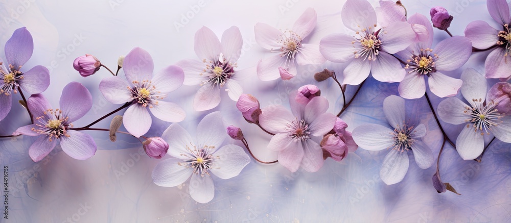 Purple shades of the Hepatica spring flower isolated pastel background Copy space
