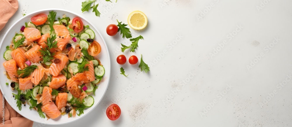 Spicy salmon salad isolated on table isolated pastel background Copy space