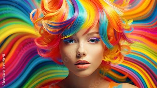 Colorful banner with beautiful woman with wavy multicolored hair in rainbow colors. Hair salon beauty shop banner template. Cosmetics fashion concept