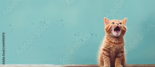 A shouting cat on a bench colored red isolated pastel background Copy space photo