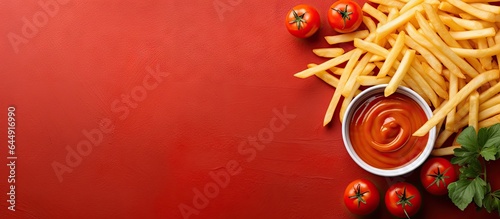 Potatoes fried and served with tomato sauce isolated pastel background Copy space © HN Works