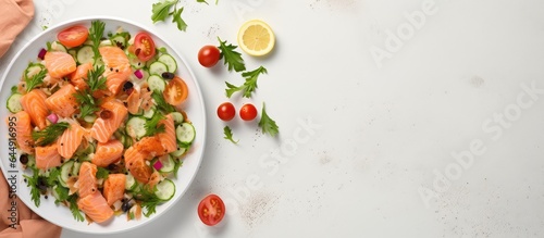 Spicy salmon salad isolated on table isolated pastel background Copy space
