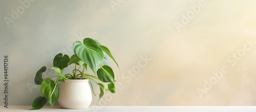 Golden variegated Epipremnum and Scindapsus Cultivating and selling indoor plants for interior decoration isolated pastel background Copy space photo