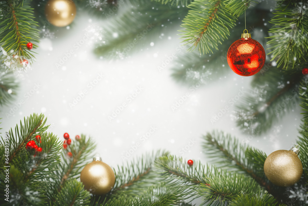 Fototapeta premium Christmas New Years banner red golden ornament balls fir tree branches decorations on white pastel background. Template with copy space