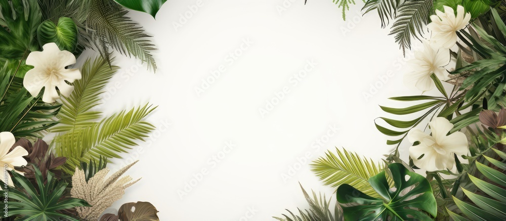 Tropical foliage with white frame on a isolated pastel background Copy space