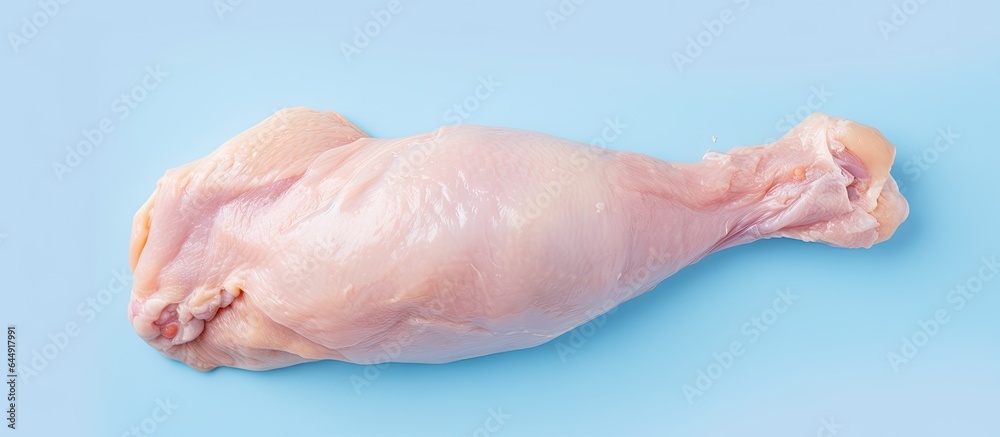 Fresh raw chicken leg with skin on isolated pastel background Copy space Fresh raw chicken leg with skin on isolated pastel background Copy space