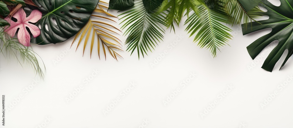 Fototapeta premium Tropical foliage with white frame on a isolated pastel background Copy space
