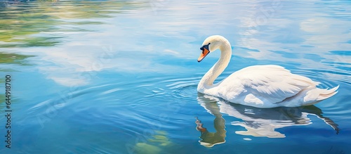 solitary swan in spring pond isolated pastel background Copy space