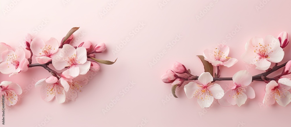 Peach blossoms in pink against a isolated pastel background Copy space up close