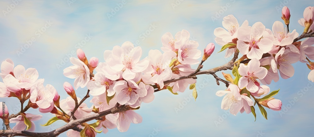 Almonds in full bloom surrounded by nature isolated pastel background Copy space