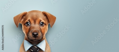 Brown puppy tied indoors represents caring for and training pets isolated pastel background Copy space