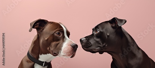 Fotografia A pair of Staffordshire bull terriers against a isolated pastel background Copy