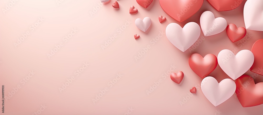 A isolated pastel background Copy space with small hearts in 3D and the words Valentines Day written