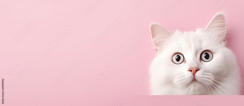 White cat with surprise expression alone on isolated pastel background Copy space en background Portrait - obrazy, fototapety, plakaty 