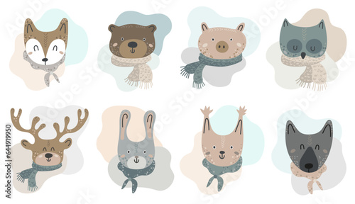 Fototapeta Naklejka Na Ścianę i Meble -  Set of 8 cute forest animals portraits in pastel colors in scandinavian style on a white background. Design element for baby clothes, cards, textiles, fabrics, wallpapers