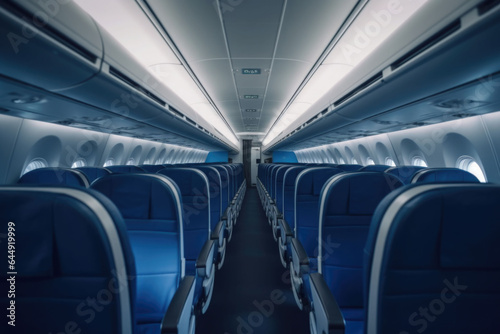 Interior of modern aircraft with flight seats and hallway in daytime during flight. Generative AI