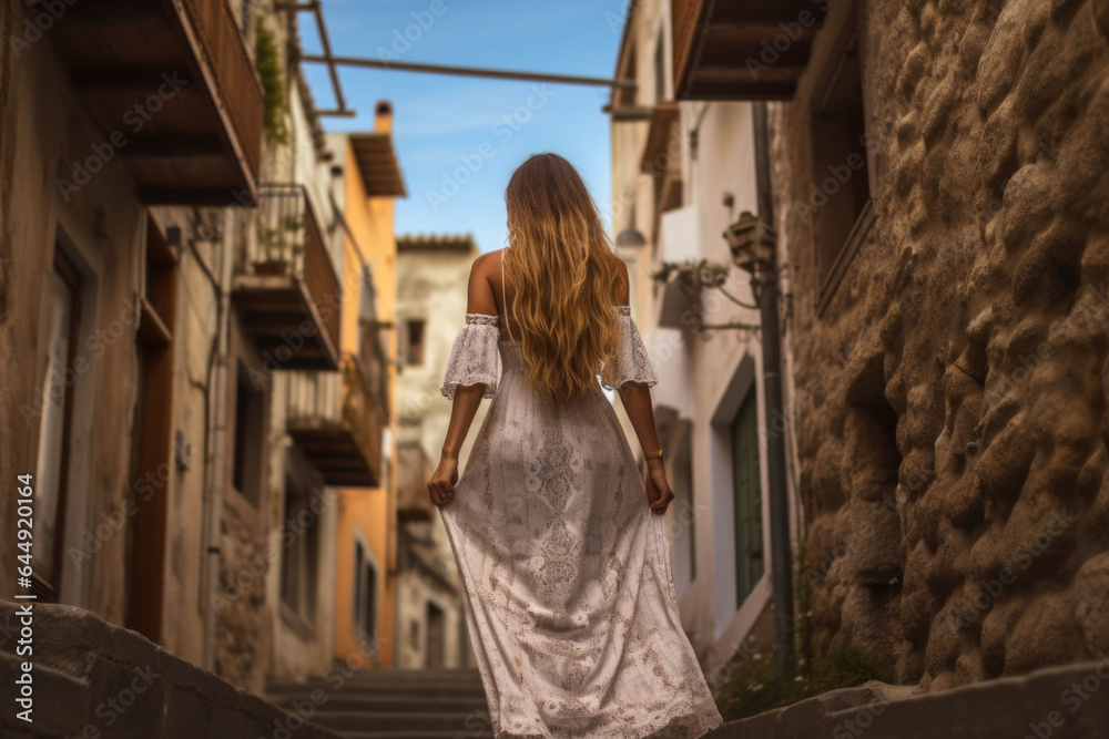 A woman with long hair and a sundress walking through a small town, back view. Generative AI