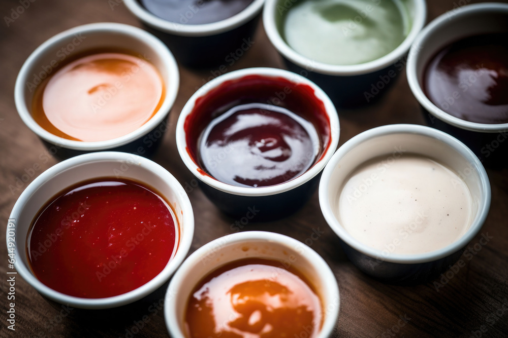 Set of different bowls of various dip sauces. Top view. Generative AI Set of different bowls of various dip sauces. Top view. Generative AI