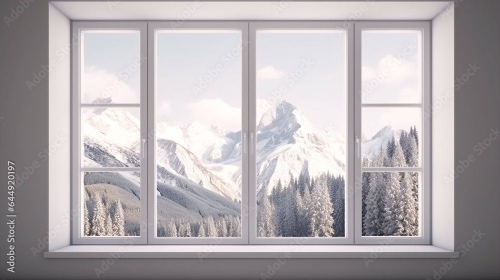 Virtual Window to the Mountains of Modern Cozy Minimalist Background. Virtual Window to the Mountains of Modern Cozy Minimalist Background.
