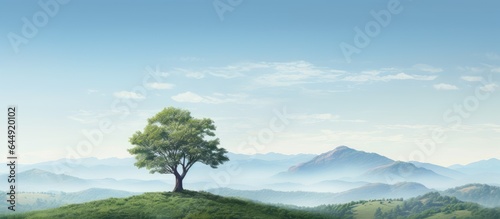 Mountain landscape with solitary tree in the distance isolated pastel background Copy space