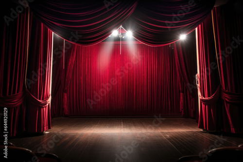 Stage with velvet curtains, lights dimmed, spotlight focused on the center. Generative AI
