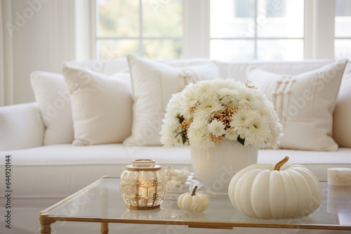 White and gold home autumn decoration. Flowers stand in a vase on the table next to the luxury sofa. Elegant home decor. Generative AI