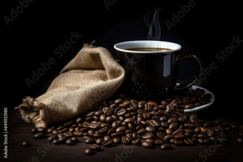 Cup of coffee and coffee beans in a sack on dark background. Generative AI