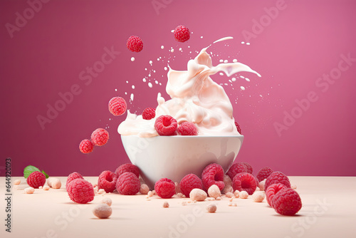 Splash of tasty yogurt and fresh raspberries on pink background. Generative AI